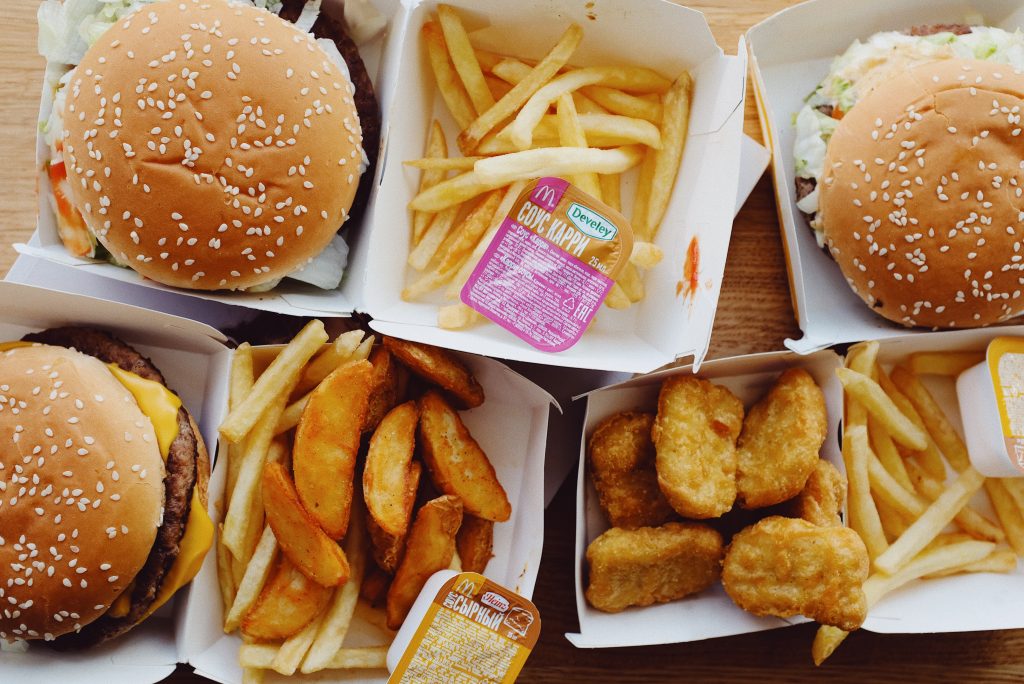 All fast food: burgers, fries, nuggets.